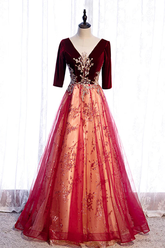 Burgundy V-Neck Velvet Tulle Long Prom Dress A-Line 1/2 Sleeve Evening Dress