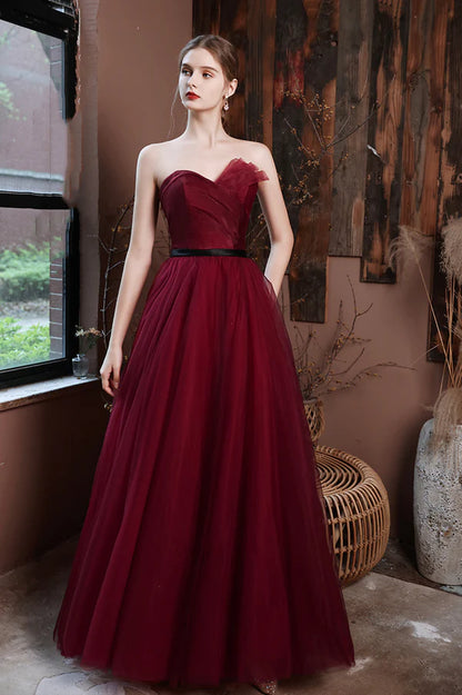 Burgundy Tulle Long A-Line Prom Dress Burgundy Strapless Evening Party Dress