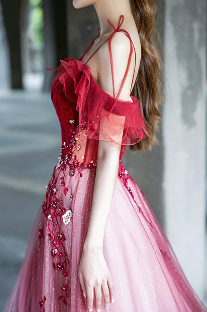 Red Velvet Tulle Long Prom Dress Lovely A-Line Graduation Dress