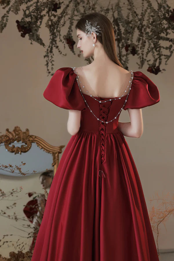 Burgundy Satin Long A-Line Prom Dress Cute Short Sleeve Graduation Dress