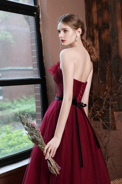 Burgundy Tulle Long A-Line Prom Dress Burgundy Strapless Evening Party Dress