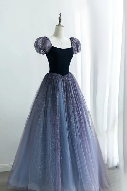 A-Line Velvet Tulle Long Prom Dress Cute Short Sleeve Evening Party Dress