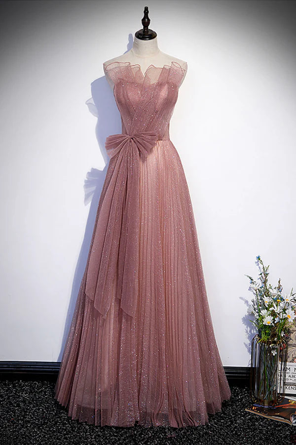 Pink Shiny Tulle Long A-Line Prom Dress Lovely Strapless Evening Dress