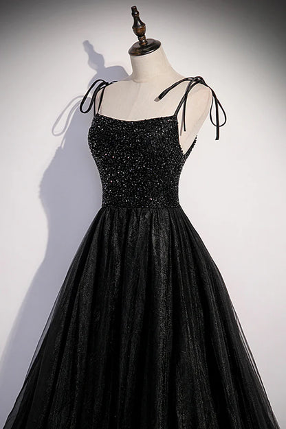 Black Tulle Beaded Long Prom Dress A-Line Spaghetti Straps Evening Dress