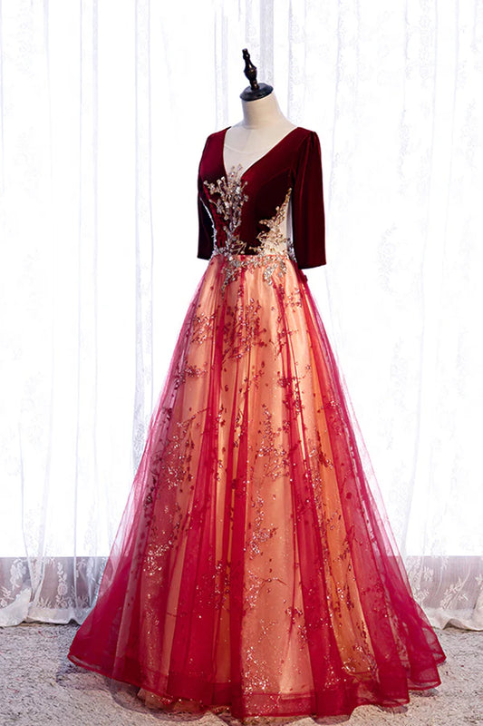 Burgundy V-Neck Velvet Tulle Long Prom Dress A-Line 1/2 Sleeve Evening Dress