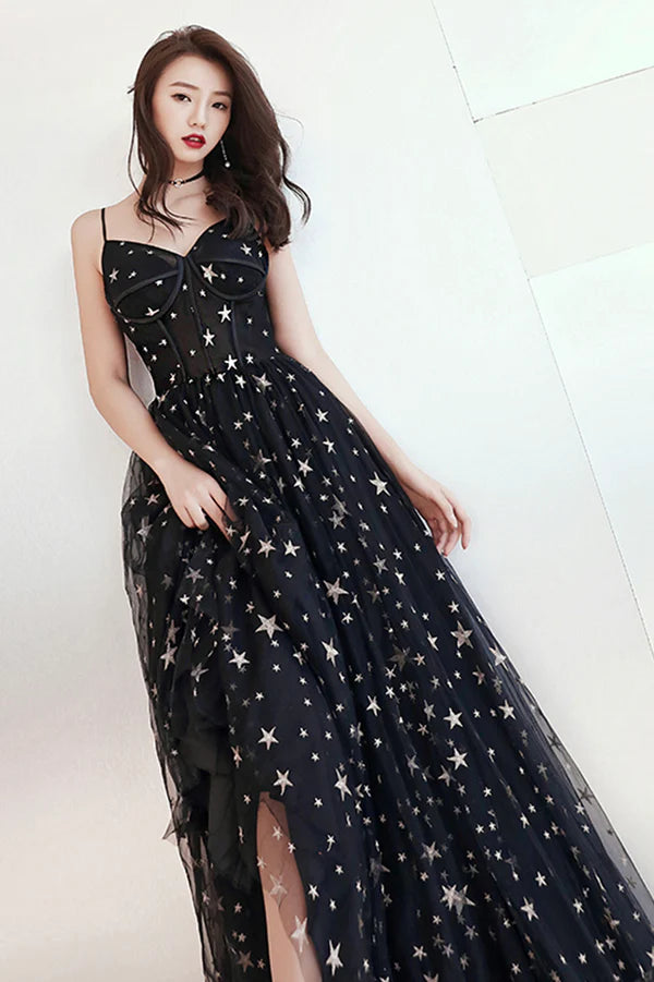 Black V-Neck Tulle Long Prom Dress Cute A-Line Evening Dress with Stars