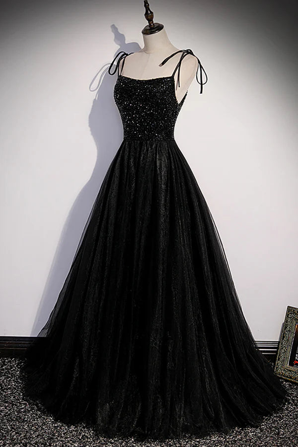 Black Tulle Beaded Long Prom Dress A-Line Spaghetti Straps Evening Dress