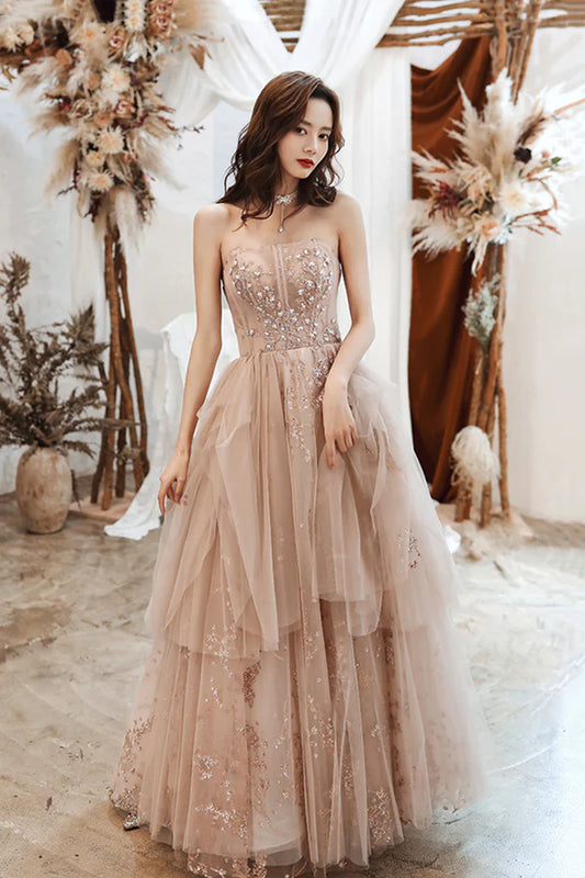 Cute Strapless Tulle Sequins Long Prom Dress A-Line Graduation Dress