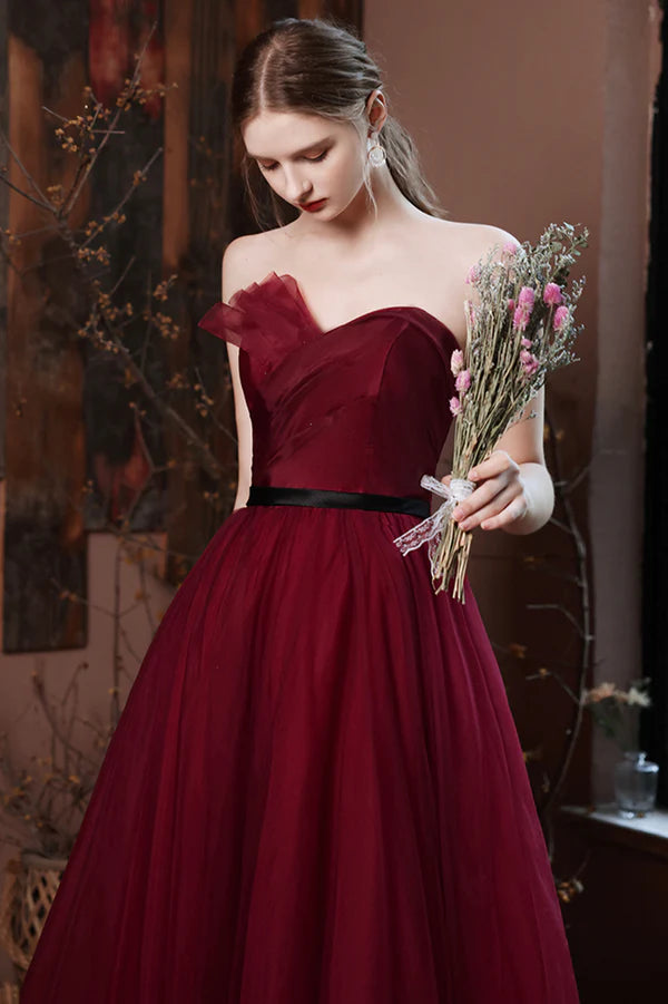 Burgundy Tulle Long A-Line Prom Dress Burgundy Strapless Evening Party Dress