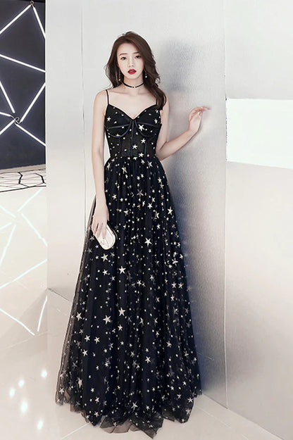 Black V-Neck Tulle Long Prom Dress Cute A-Line Evening Dress with Stars