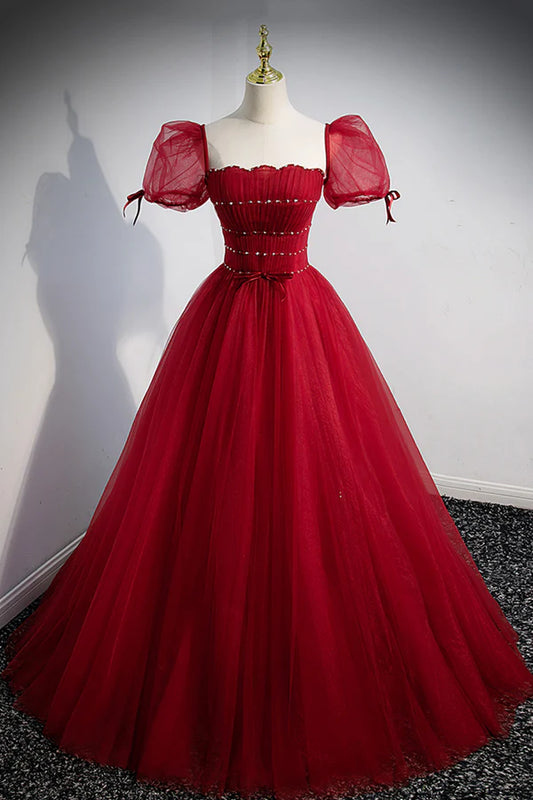 Red Tulle Floor Length Evening Party Dress Red Short Sleeve Graduation Dress