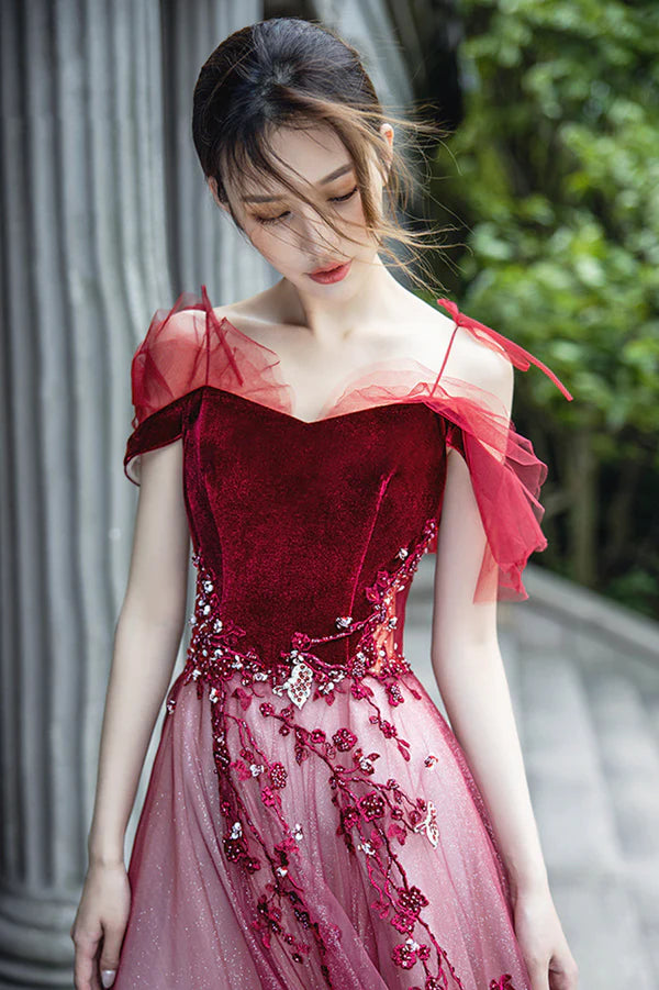 Red Velvet Tulle Long Prom Dress Lovely A-Line Graduation Dress