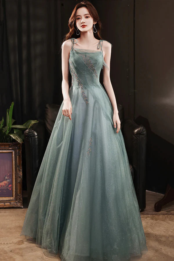 Beautiful Green Tulle Long Prom Dress A-Line Spaghetti Straps Evening Dress