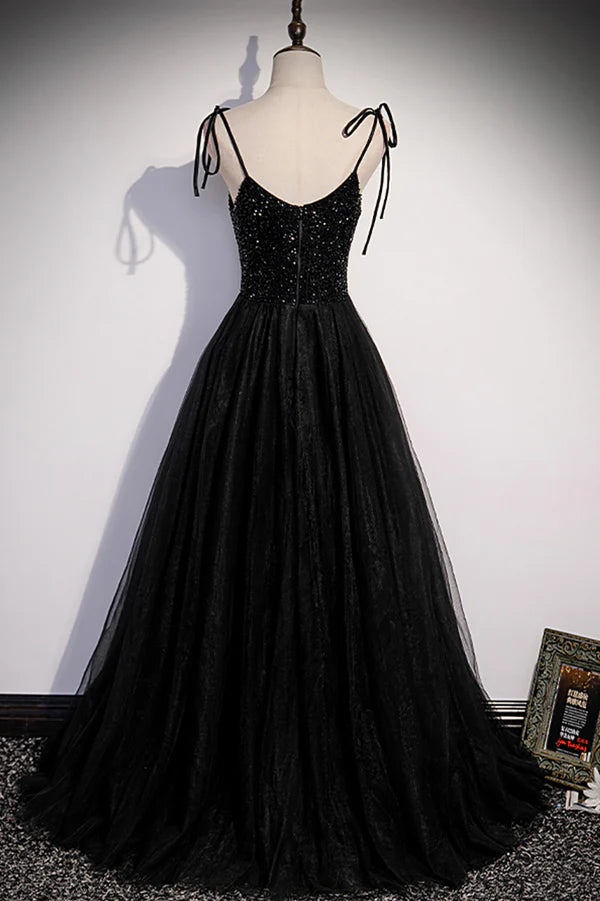 Black Tulle Beaded Long Prom Dress A-Line Spaghetti Straps Evening Dress