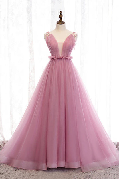 Pink V-Neck Tulle Long Prom Dress A-Line Formal Evening Dress