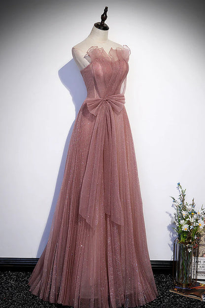 Pink Shiny Tulle Long A-Line Prom Dress Lovely Strapless Evening Dress