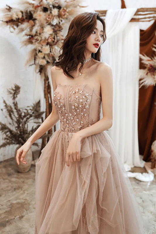 Cute Strapless Tulle Sequins Long Prom Dress A-Line Graduation Dress