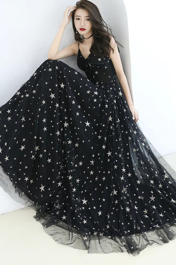 Black V-Neck Tulle Long Prom Dress Cute A-Line Evening Dress with Stars