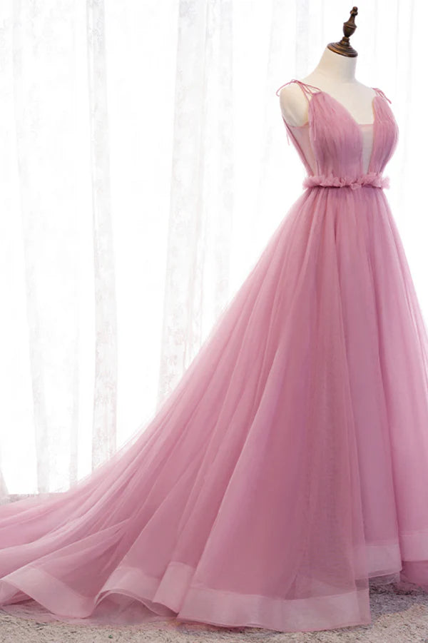 Pink V-Neck Tulle Long Prom Dress A-Line Formal Evening Dress