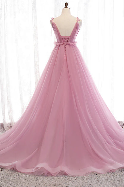 Pink V-Neck Tulle Long Prom Dress A-Line Formal Evening Dress