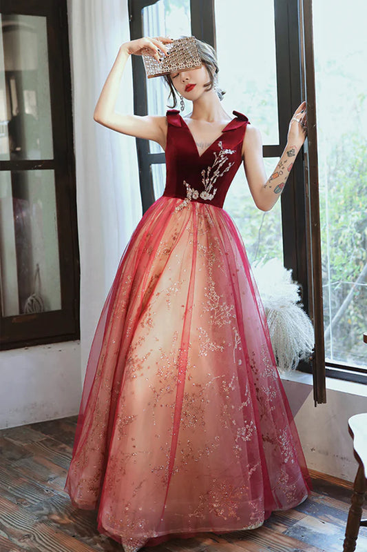 Burgundy V-Neck Velvet Long Prom Dress A-Line Evening Party Dress