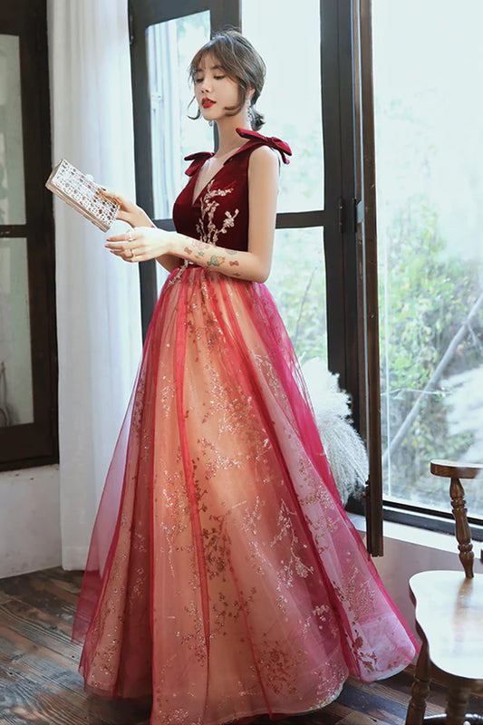 Burgundy V-Neck Velvet Long Prom Dress A-Line Evening Party Dress