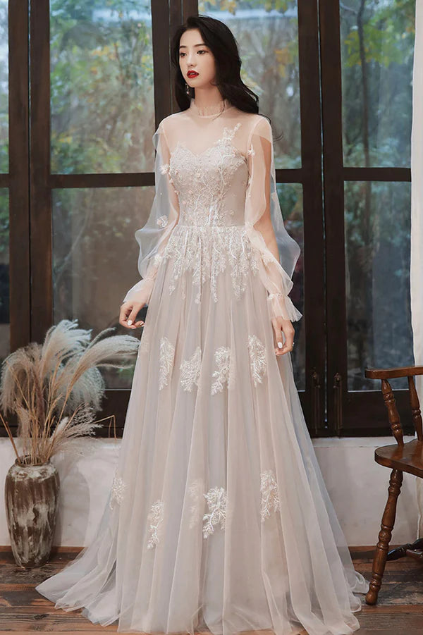 Cute A-Line Lace Floor Length Prom Dress Long Sleeve Evening Party Dress