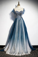 Blue Tulle Beading Long A-Line Prom Dress Scoop Neckline Evening Dress