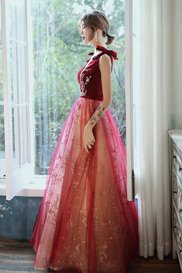 Burgundy V-Neck Velvet Long Prom Dress A-Line Evening Party Dress