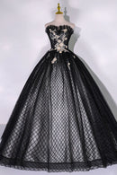 Black Tulle Lace Long Prom Dress Black A-Line Strapless Evening Gown