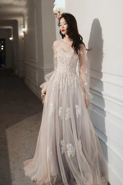 Cute A-Line Lace Floor Length Prom Dress Long Sleeve Evening Party Dress