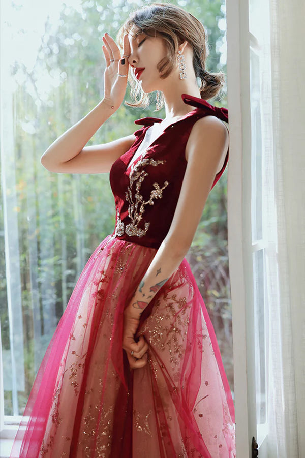 Burgundy V-Neck Velvet Long Prom Dress A-Line Evening Party Dress