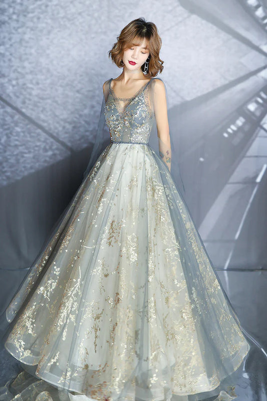 Gray V-Neck Tulle Sequins Long Prom Dress A-Line Formal Evening Dress