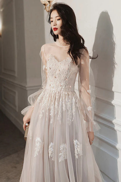 Cute A-Line Lace Floor Length Prom Dress Long Sleeve Evening Party Dress