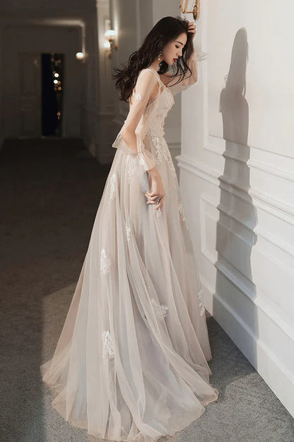 Cute A-Line Lace Floor Length Prom Dress Long Sleeve Evening Party Dress