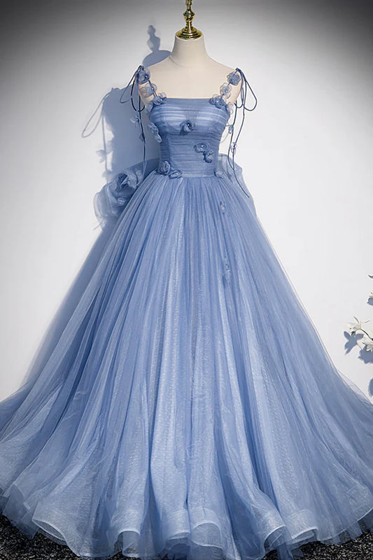 Blue Tulle Long A-Line Prom Dress Blue Spaghetti Straps Party Dress with Bow