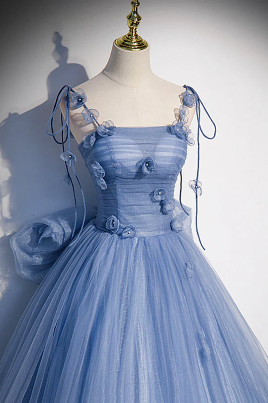 Blue Tulle Long A-Line Prom Dress Blue Spaghetti Straps Party Dress with Bow