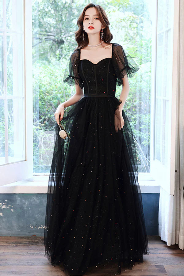 Black Tulle Sequins Long Prom Dress Black Short Sleeve Evening Dress