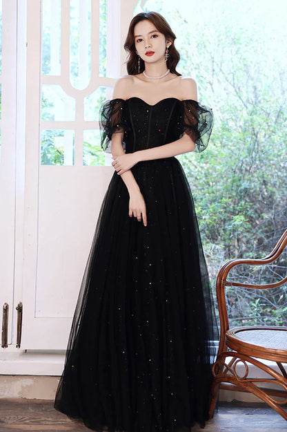 Black Tulle Sequins Long Prom Dress Black Short Sleeve Evening Dress