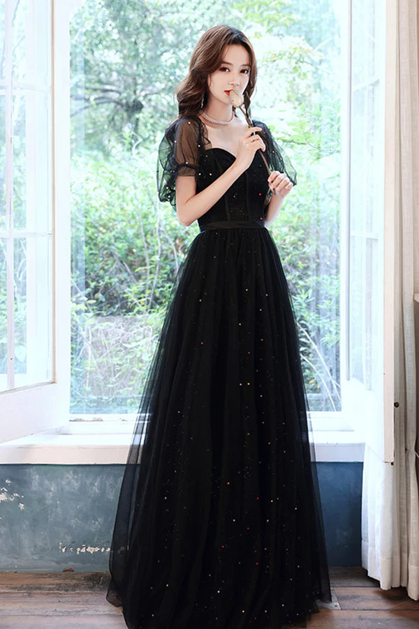 Black Tulle Sequins Long Prom Dress Black Short Sleeve Evening Dress