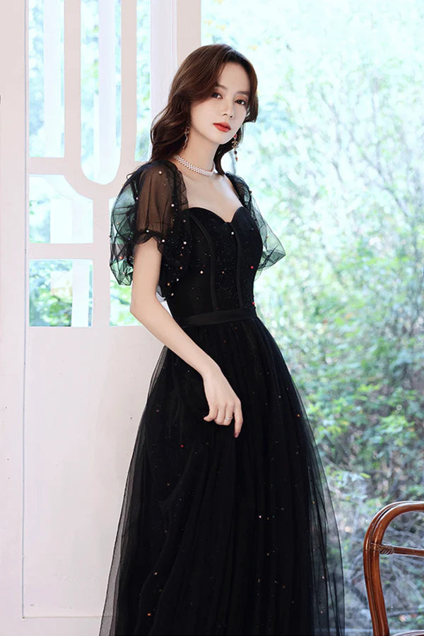 Black Tulle Sequins Long Prom Dress Black Short Sleeve Evening Dress