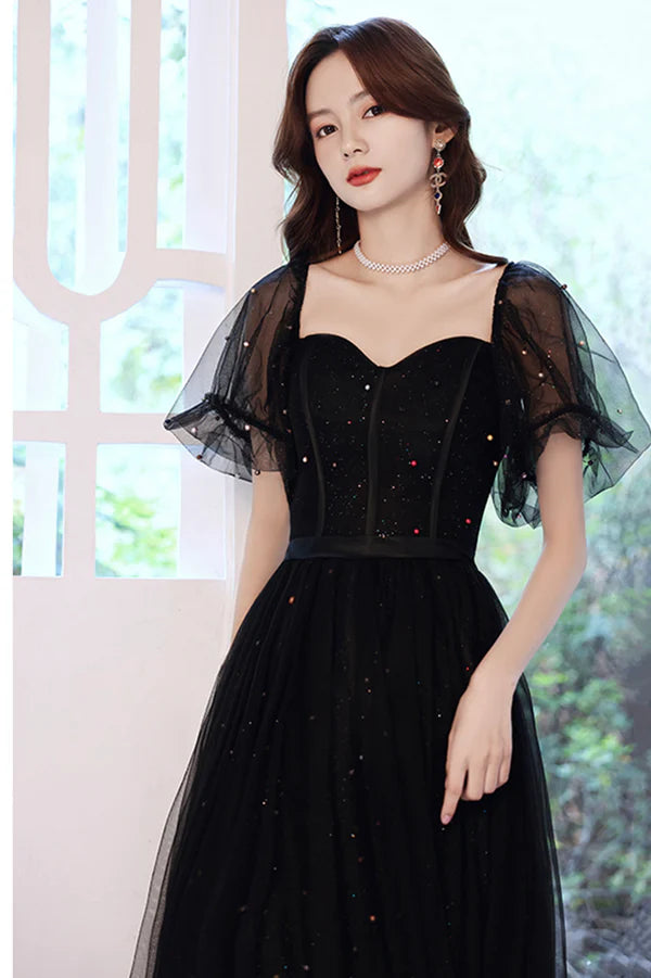 Black Tulle Sequins Long Prom Dress Black Short Sleeve Evening Dress