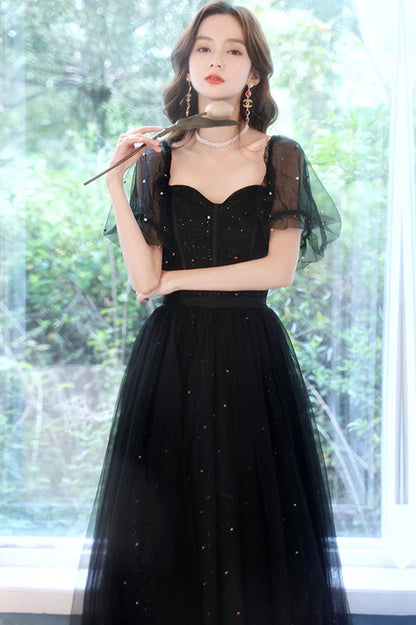 Black Tulle Sequins Long Prom Dress Black Short Sleeve Evening Dress