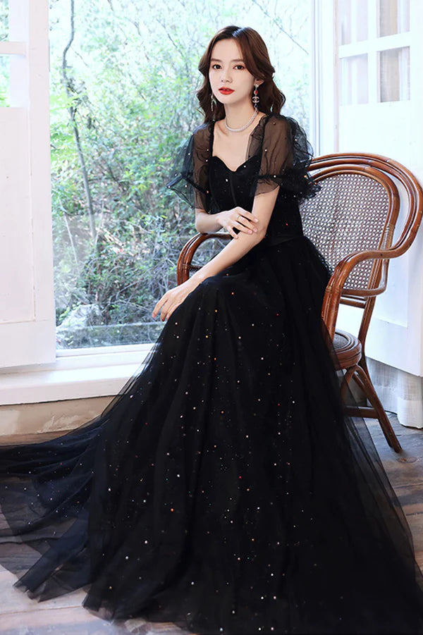 Black Tulle Sequins Long Prom Dress Black Short Sleeve Evening Dress