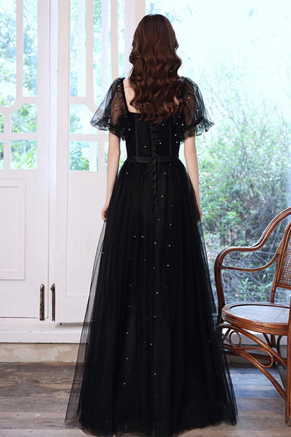 Black Tulle Sequins Long Prom Dress Black Short Sleeve Evening Dress