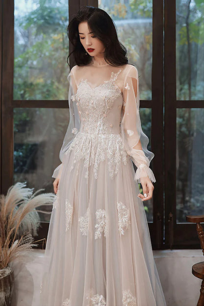 Cute A-Line Lace Floor Length Prom Dress Long Sleeve Evening Party Dress