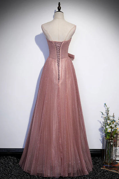 Pink Shiny Tulle Long A-Line Prom Dress Lovely Strapless Evening Dress