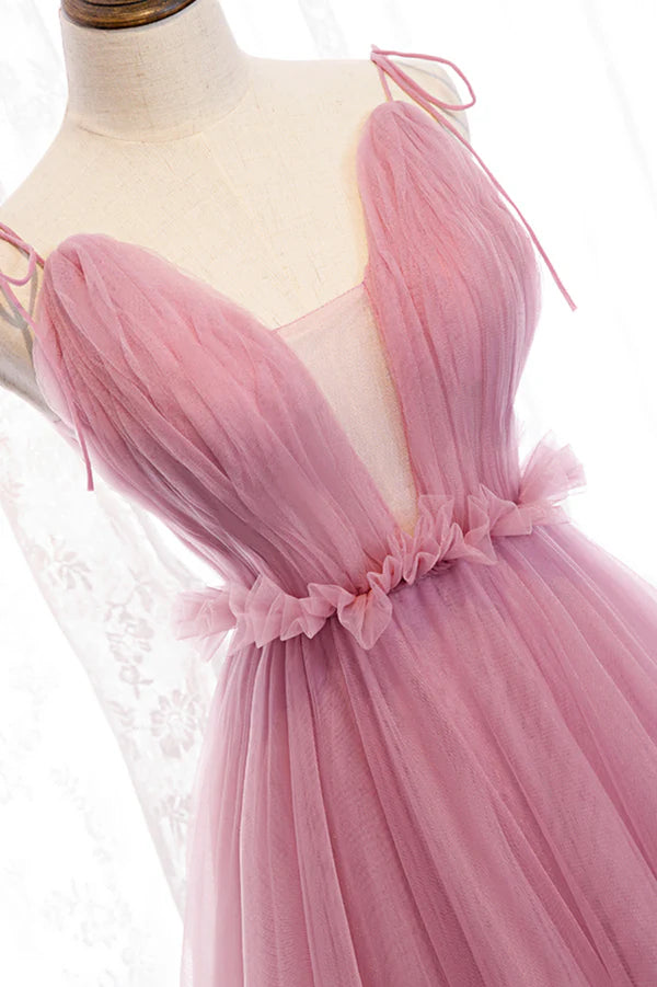 Pink V-Neck Tulle Long Prom Dress A-Line Formal Evening Dress