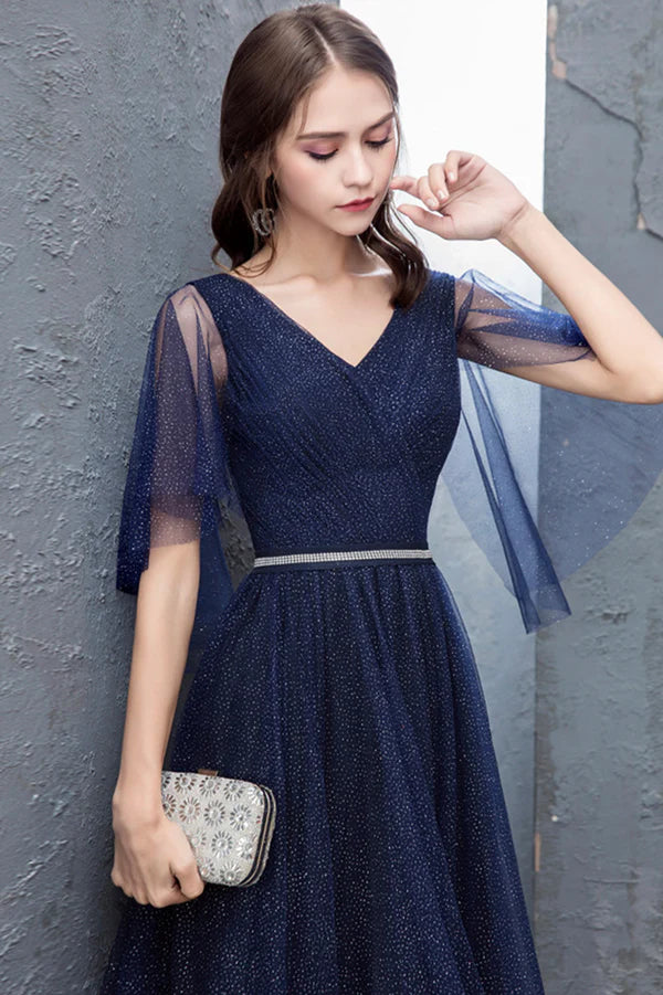 Blue Tulle Long A-Line Prom Dress Cute V-Neck Graduation Dress