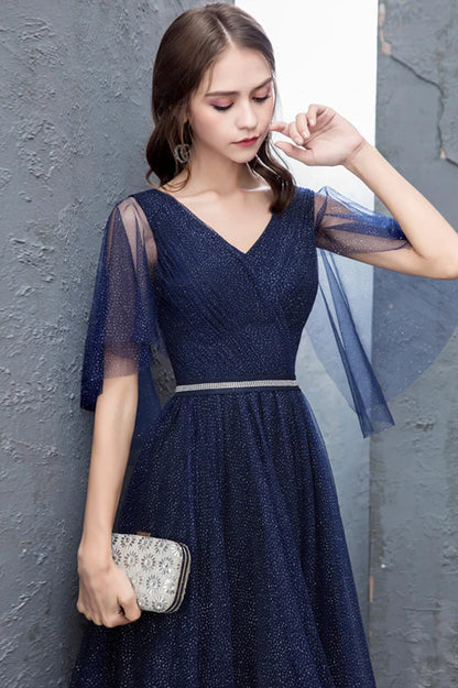 Blue Tulle Long A-Line Prom Dress Cute V-Neck Graduation Dress